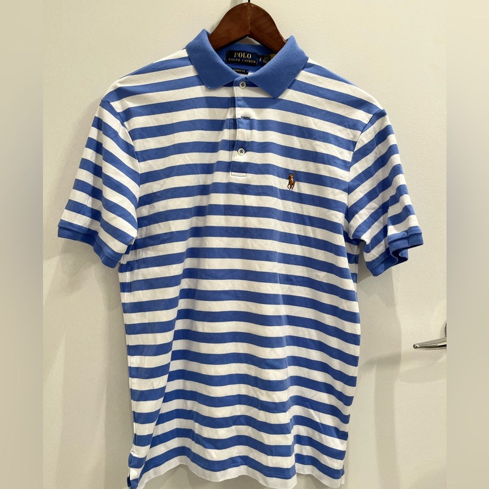 Ralph Lauren, Knit Polo Shirt, Blue and White Strip, multi color pony